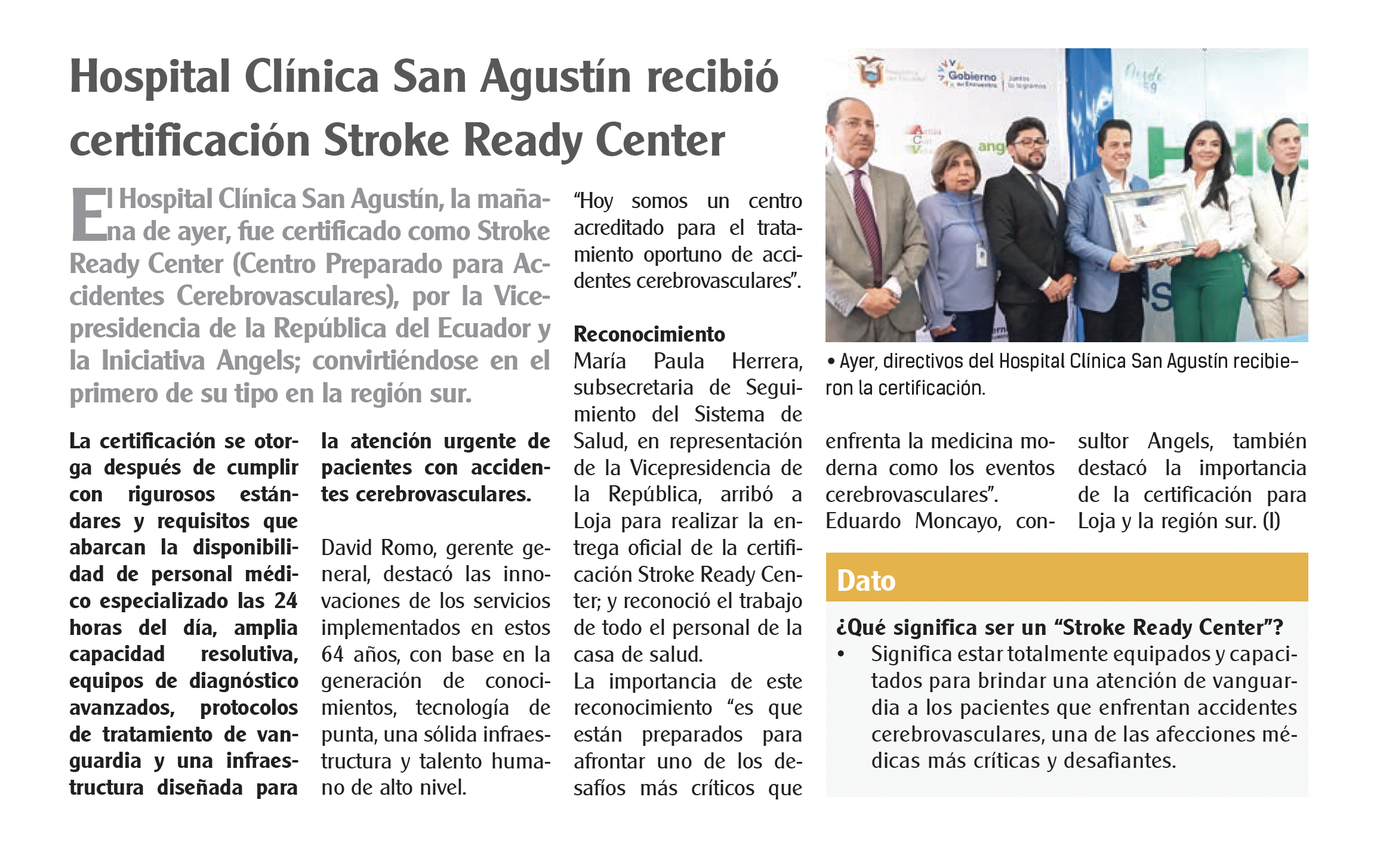 hospital clinica san agustin recibio certificacion stroke ready center 3